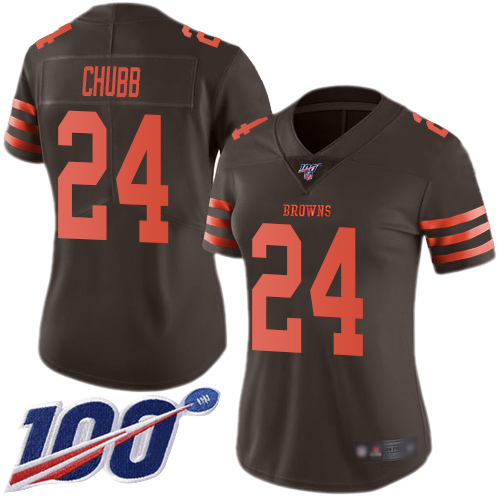 Browns #24 Nick Chubb Brown Women's Stitched Football Limited Rush 100th Season Jersey - Click Image to Close