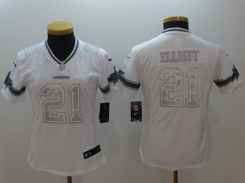 Nike Cowboys #21 Ezekiel Elliott White Women's Stitched NFL Limited Platinum Jersey - Click Image to Close