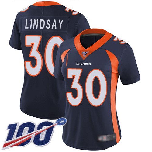 Broncos #30 Phillip Lindsay Navy Blue Alternate Women's Stitched Football 100th Season Vapor Limited Jersey - Click Image to Close