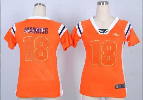 Nike Broncos #18 Peyton Manning Orange Women's Stitched NFL Elite Draft Him Shimmer Jersey - Click Image to Close