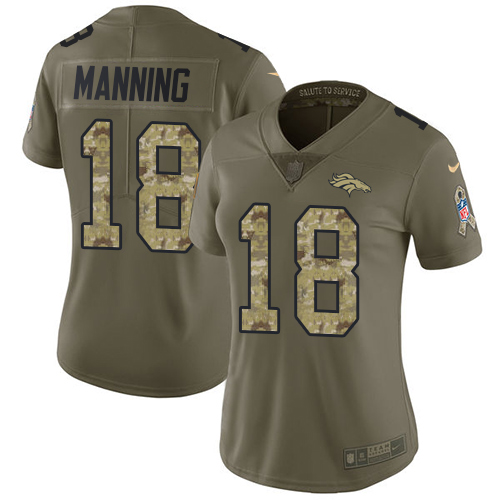 Nike Broncos #18 Peyton Manning Olive/Camo Women's Stitched NFL Limited 2017 Salute to Service Jersey