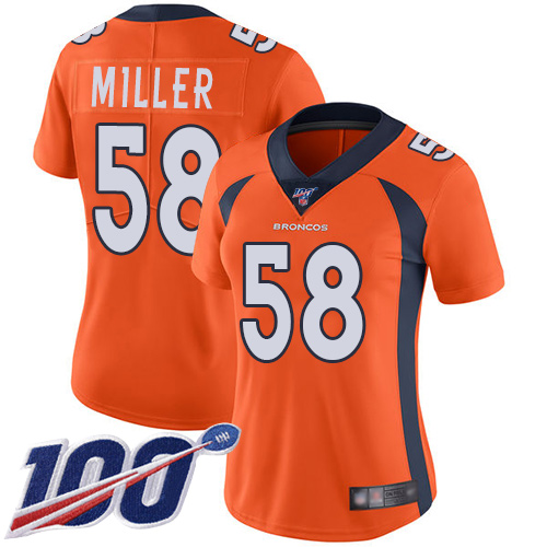 Broncos #58 Von Miller Orange Team Color Women's Stitched Football 100th Season Vapor Limited Jersey - Click Image to Close