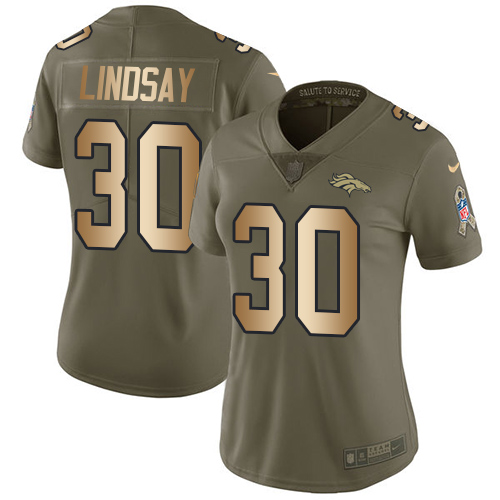 Nike Broncos #30 Phillip Lindsay Olive/Gold Women's Stitched NFL Limited 2017 Salute to Service Jersey - Click Image to Close