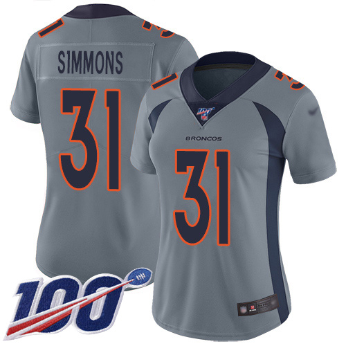 Broncos #31 Justin Simmons Gray Women's Stitched Football Limited Inverted Legend 100th Season Jersey - Click Image to Close