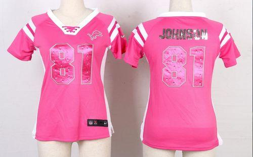 Nike Lions #81 Calvin Johnson Pink Women's Stitched NFL Elite Draft Him Shimmer Jersey