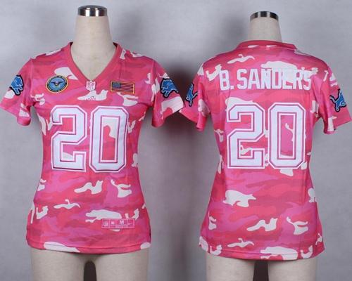 Nike Lions #20 Barry Sanders Pink Women's Stitched NFL Elite Camo Fashion Jersey