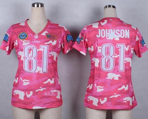 Nike Lions #81 Calvin Johnson Pink Women's Stitched NFL Elite Camo Fashion Jersey - Click Image to Close