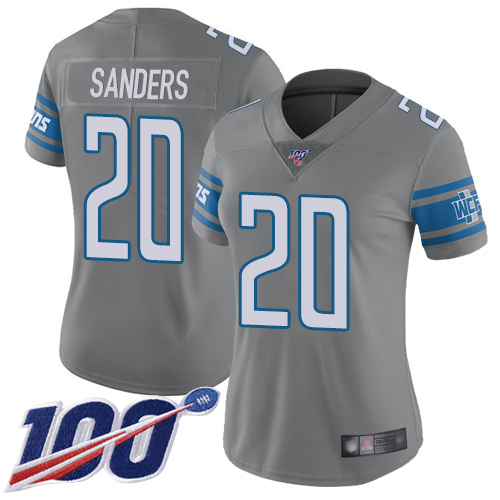 Lions #20 Barry Sanders Gray Women's Stitched Football Limited Rush 100th Season Jersey - Click Image to Close