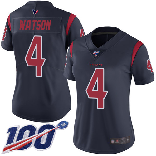 Texans #4 Deshaun Watson Navy Blue Women's Stitched Football Limited Rush 100th Season Jersey - Click Image to Close