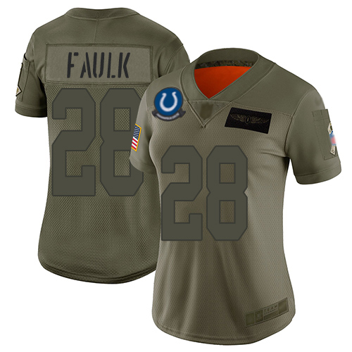 Colts #28 Marshall Faulk Camo Women's Stitched Football Limited 2019 Salute to Service Jersey - Click Image to Close