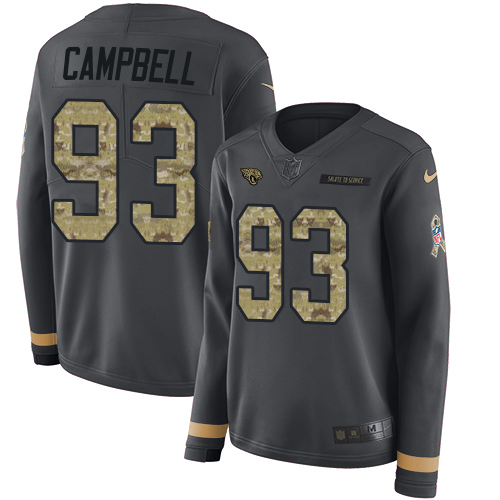 Nike Jaguars #93 Calais Campbell Anthracite Salute to Service Women's Stitched NFL Limited Therma Long Sleeve Jersey - Click Image to Close