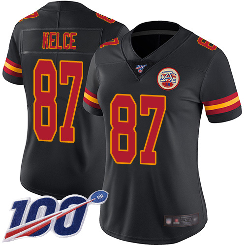 Chiefs #87 Travis Kelce Black Women's Stitched Football Limited Rush 100th Season Jersey - Click Image to Close