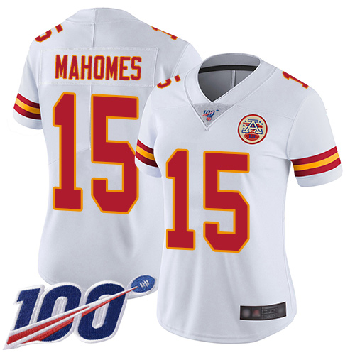 Chiefs #15 Patrick Mahomes White Women's Stitched Football 100th Season Vapor Limited Jersey