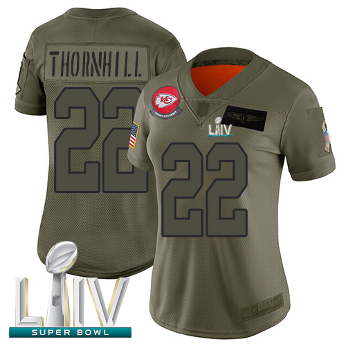 Chiefs #22 Juan Thornhill Camo Super Bowl LIV Bound Women's Stitched Football Limited 2019 Salute to Service Jersey - Click Image to Close