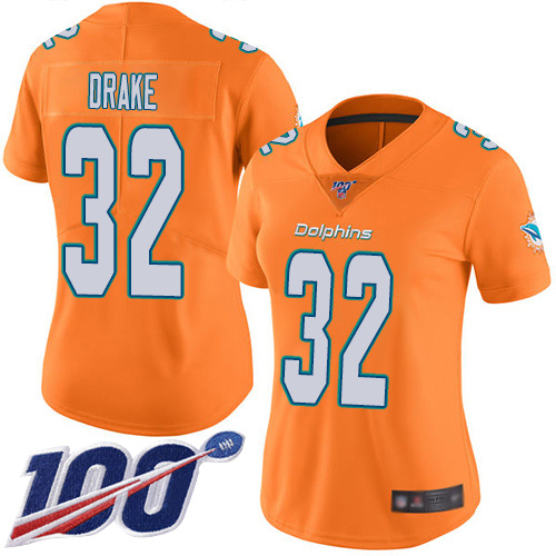 Dolphins #32 Kenyan Drake Orange Women's Stitched Football Limited Rush 100th Season Jersey