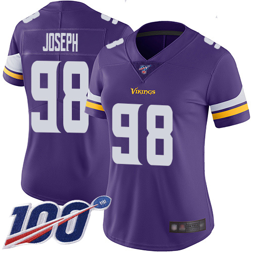 Vikings #98 Linval Joseph Purple Team Color Women's Stitched Football 100th Season Vapor Limited Jersey - Click Image to Close