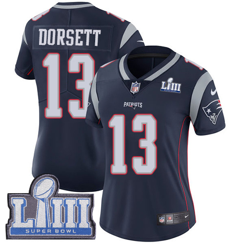 Nike Patriots #13 Phillip Dorsett Navy Blue Team Color Super Bowl LIII Bound Women's Stitched NFL Vapor Untouchable Limited Jersey - Click Image to Close