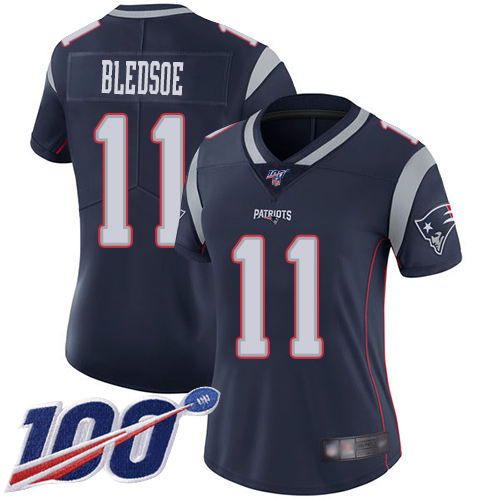 Patriots #11 Drew Bledsoe Navy Blue Team Color Women's Stitched Football 100th Season Vapor Limited Jersey - Click Image to Close