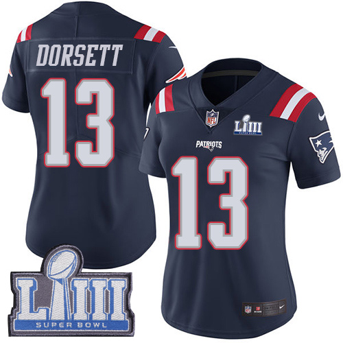 Nike Patriots #13 Phillip Dorsett Navy Blue Super Bowl LIII Bound Women's Stitched NFL Limited Rush Jersey - Click Image to Close