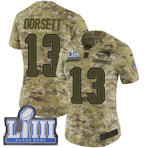 Nike Patriots #13 Phillip Dorsett Camo Super Bowl LIII Bound Women's Stitched NFL Limited 2018 Salute to Service Jersey - Click Image to Close