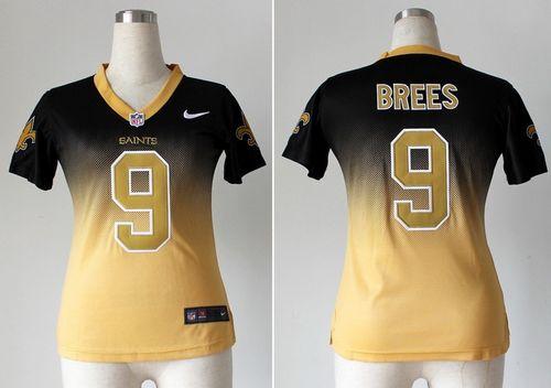 Nike Saints #9 Drew Brees Black/Gold Women's Stitched NFL Elite Fadeaway Fashion Jersey - Click Image to Close