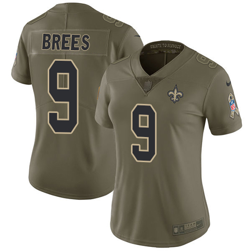 Nike Saints #9 Drew Brees Olive Women's Stitched NFL Limited 2017 Salute to Service Jersey - Click Image to Close