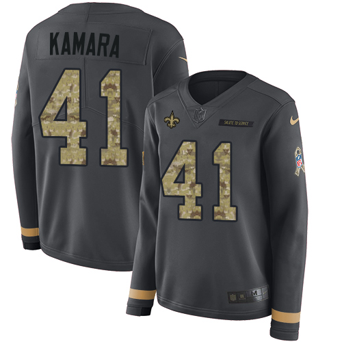 Nike Saints #41 Alvin Kamara Anthracite Salute to Service Women's Stitched NFL Limited Therma Long Sleeve Jersey - Click Image to Close