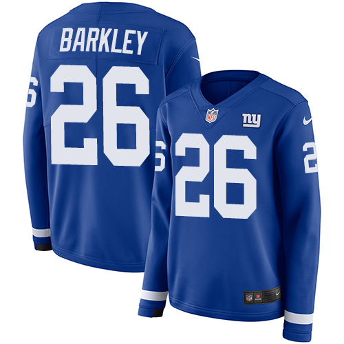 Nike Giants #26 Saquon Barkley Royal Blue Team Color Women's Stitched NFL Limited Therma Long Sleeve Jersey - Click Image to Close