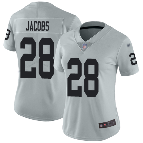 Raiders #28 Josh Jacobs Silver Women's Stitched Football Limited Inverted Legend Jersey - Click Image to Close