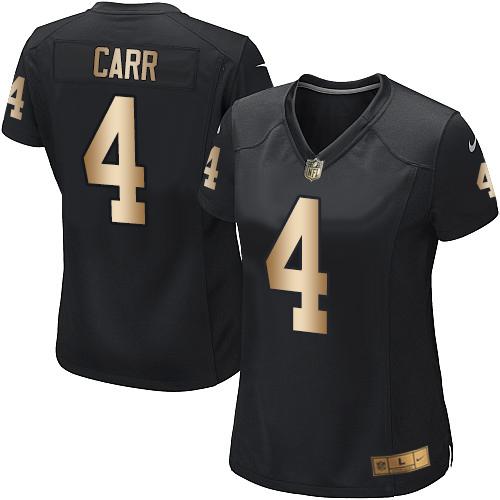 Nike Raiders #4 Derek Carr Black Team Color Women's Stitched NFL Elite Gold Jersey - Click Image to Close