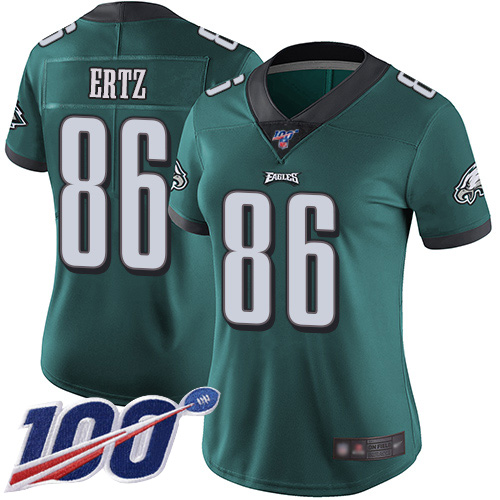 Eagles #86 Zach Ertz Midnight Green Team Color Women's Stitched Football 100th Season Vapor Limited Jersey - Click Image to Close