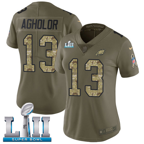 Nike Eagles #13 Nelson Agholor Olive/Camo Super Bowl LII Women's Stitched NFL Limited 2017 Salute to Service Jersey