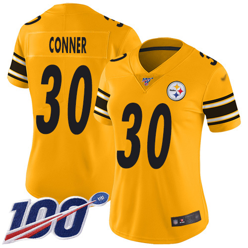 Steelers #30 James Conner Gold Women's Stitched Football Limited Inverted Legend 100th Season Jersey - Click Image to Close