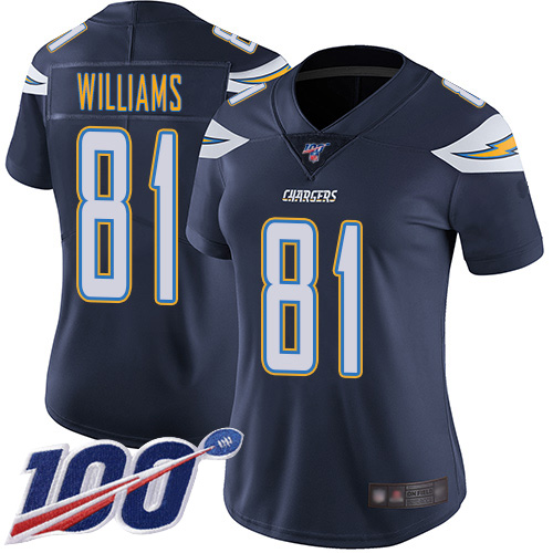 Chargers #81 Mike Williams Navy Blue Team Color Women's Stitched Football 100th Season Vapor Limited Jersey - Click Image to Close