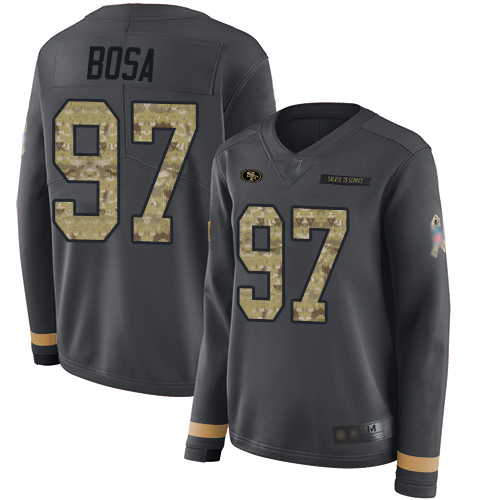 Nike 49ers #97 Nick Bosa Anthracite Salute to Service Women's Stitched NFL Limited Therma Long Sleeve Jersey - Click Image to Close