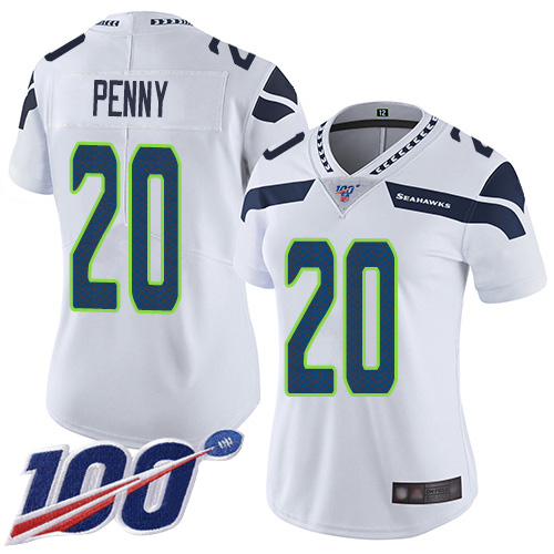 Seahawks #20 Rashaad Penny White Women's Stitched Football 100th Season Vapor Limited Jersey - Click Image to Close