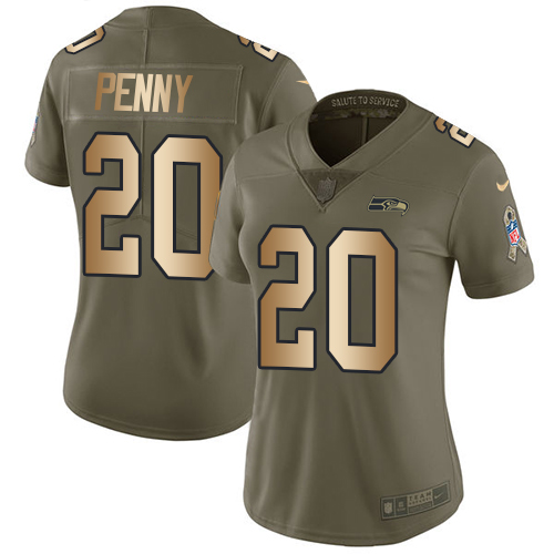 Nike Seahawks #20 Rashaad Penny Olive/Gold Women's Stitched NFL Limited 2017 Salute to Service Jersey - Click Image to Close