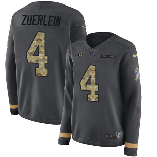 Nike Rams #4 Greg Zuerlein Anthracite Salute to Service Women's Stitched NFL Limited Therma Long Sleeve Jersey - Click Image to Close