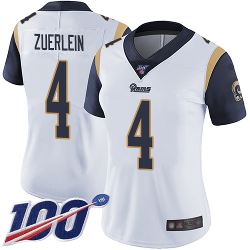 Rams #4 Greg Zuerlein White Women's Stitched Football 100th Season Vapor Limited Jersey - Click Image to Close