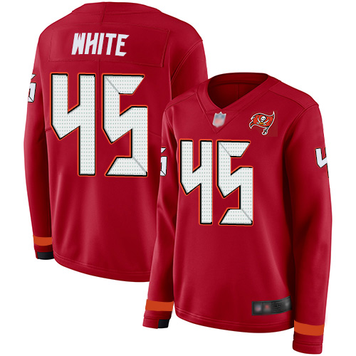 Buccaneers #45 Devin White Red Team Color Women's Stitched Football Limited Therma Long Sleeve Jersey - Click Image to Close