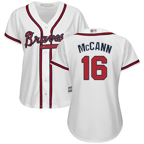 Braves #16 Brian McCann White Home Women's Stitched MLB Jersey - Click Image to Close