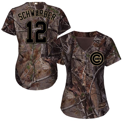 Cubs #12 Kyle Schwarber Camo Realtree Collection Cool Base Women's Stitched MLB Jersey - Click Image to Close