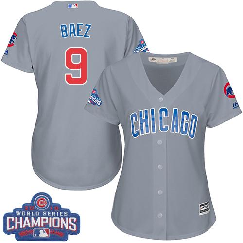 Cubs #9 Javier Baez Grey Road 2016 World Series Champions Women's Stitched MLB Jersey - Click Image to Close