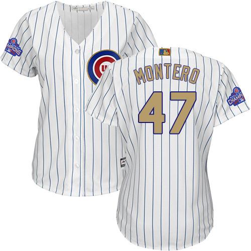 Cubs #47 Miguel Montero White(Blue Strip) 2017 Gold Program Cool Base Women's Stitched MLB Jersey - Click Image to Close