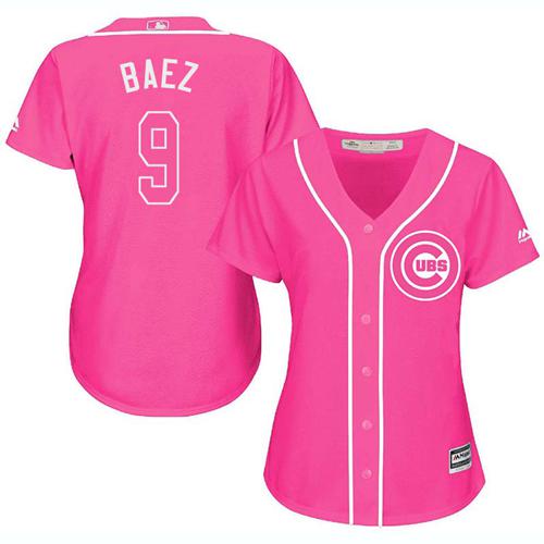 Cubs #9 Javier Baez Pink Fashion Women's Stitched MLB Jersey - Click Image to Close