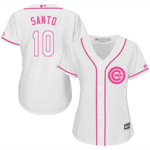 Cubs #10 Ron Santo White/Pink Fashion Women's Stitched MLB Jersey - Click Image to Close