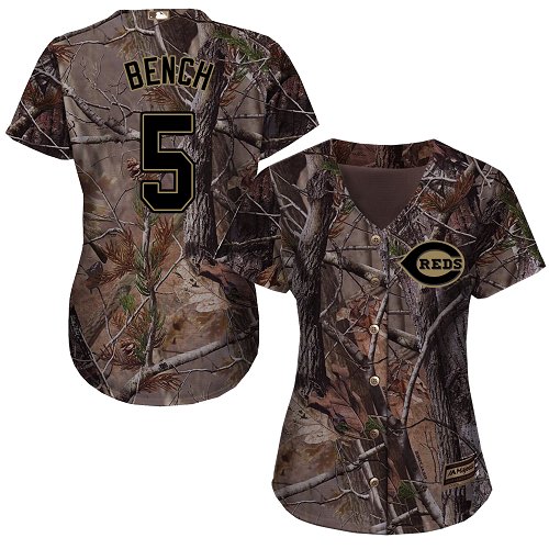 Reds #5 Johnny Bench Camo Realtree Collection Cool Base Women's Stitched MLB Jersey - Click Image to Close