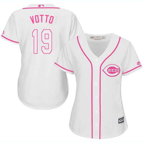 Reds #19 Joey Votto White/Pink Fashion Women's Stitched MLB Jersey - Click Image to Close