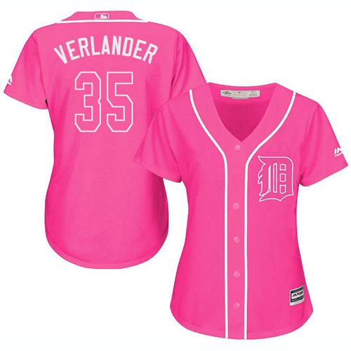 Tigers #35 Justin Verlander Pink Fashion Women's Stitched MLB Jersey - Click Image to Close