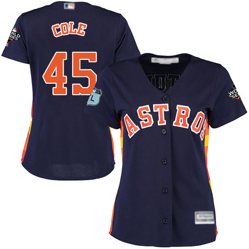 Astros #45 Gerrit Cole Navy Blue Alternate 2019 World Series Bound Women's Stitched Baseball Jersey - Click Image to Close